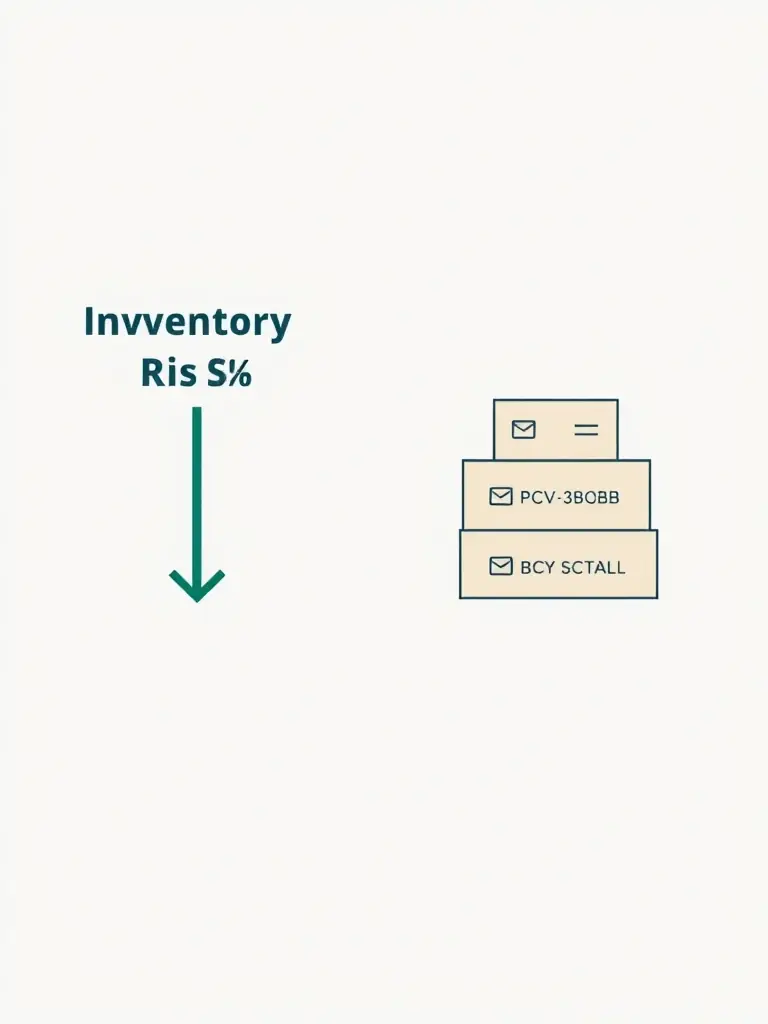A graphic illustrating the concept of risk reduction, showing a downward-sloping arrow labeled 'Inventory Risk' being minimized by 'Small Batch Orders'.
