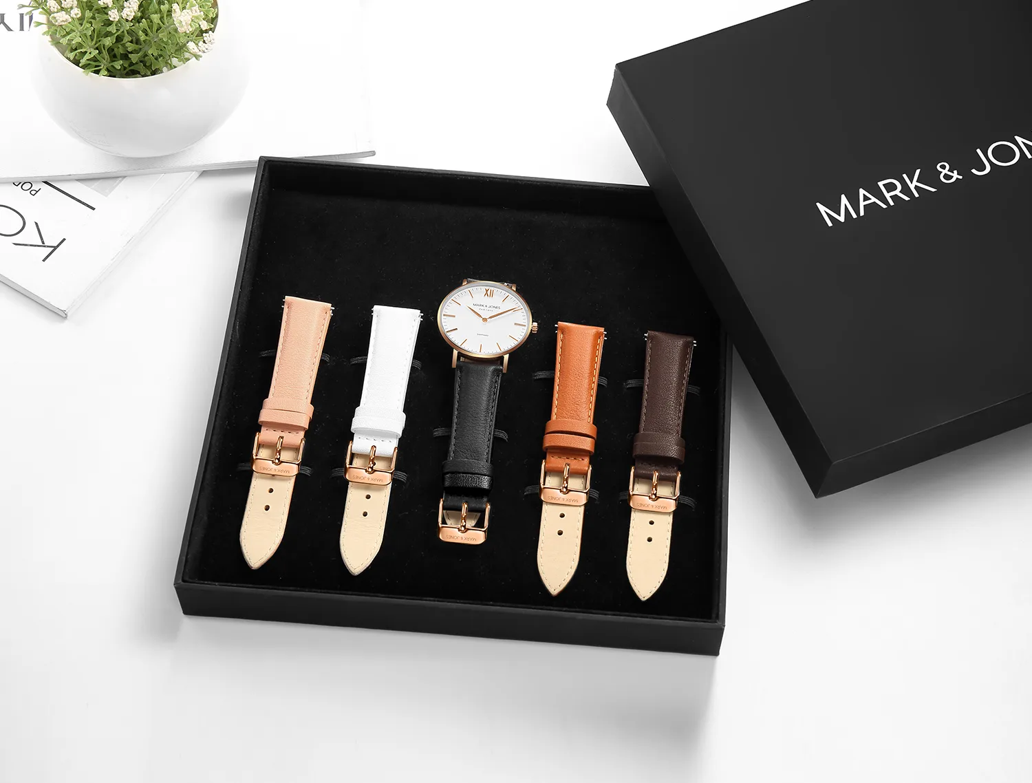 Watch gift box with interchangeable leather straps in multiple colours